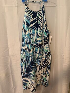 Sleeveless Blue Tropical Print Dress